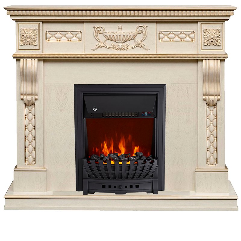 ФОТО Каминокомплект Corsica - Слоновая кость с патиной (Ширина 1100) с очагом Aspen Black heatsystems.ru