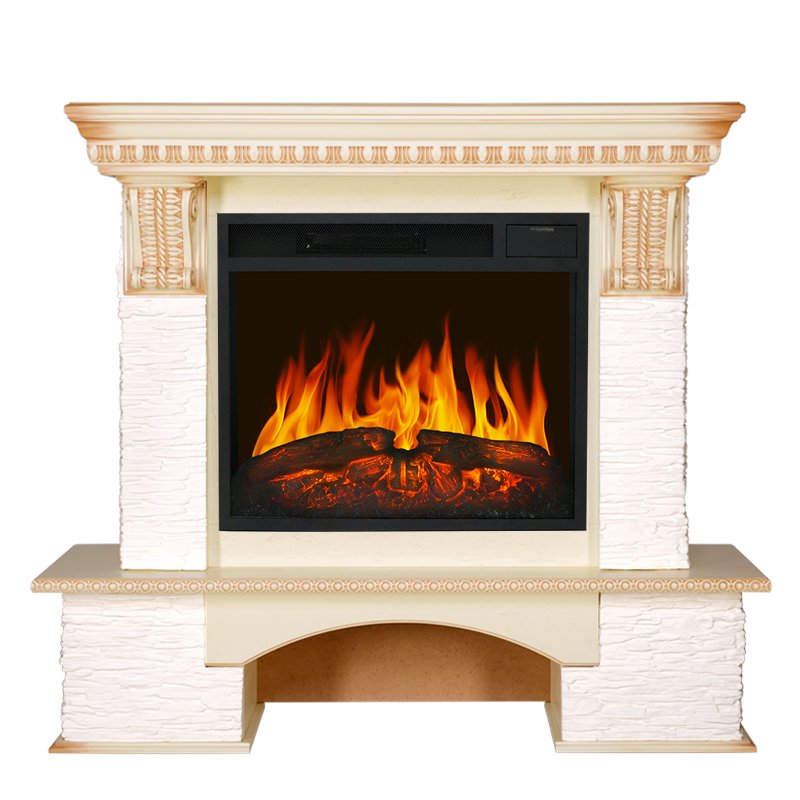 Фото Каминокомплект Pierre Luxe - Сланец белый / Слоновая кость с патиной с очагом Vision 23 LED FX Угловые каминокомплекты ROYAL FLAME heatsystems.ru