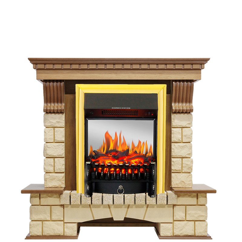 Фото Каминокомплект Pierre Luxe - Дуб / Шампань с очагом Fobos FX M Brass Угловые каминокомплекты ROYAL FLAME heatsystems.ru