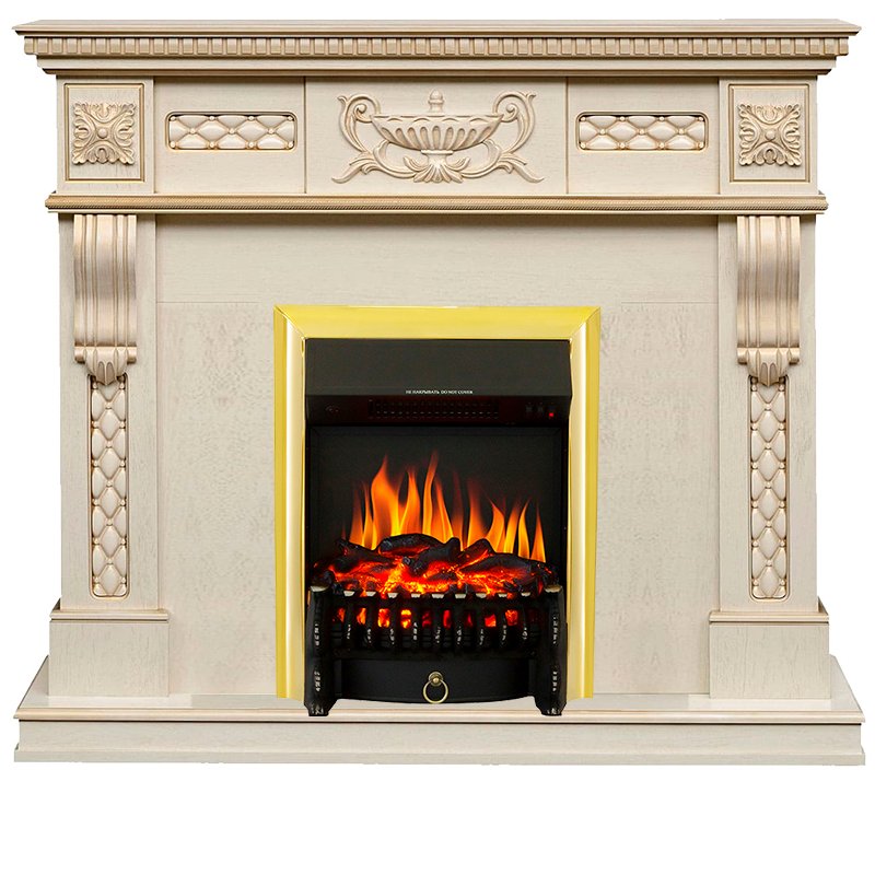 ФОТО Каминокомплект Corsica - Слоновая кость с патиной (Ширина 1100) с очагом Fobos FX Brass heatsystems.ru