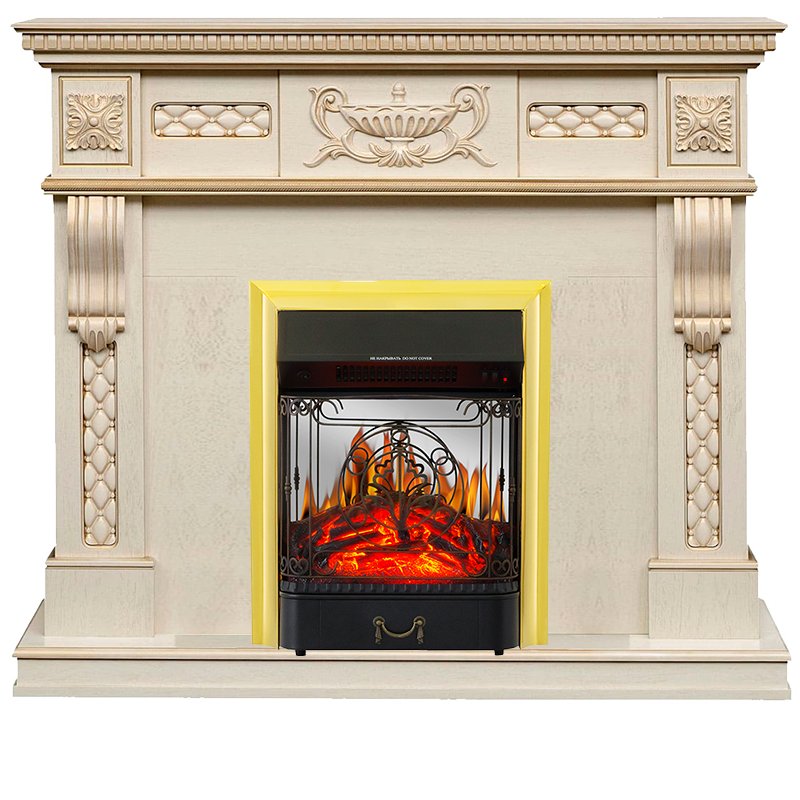 ФОТО Каминокомплект Corsica - Слоновая кость с патиной (Ширина 1100) с очагом Majestic FX M Brass heatsystems.ru