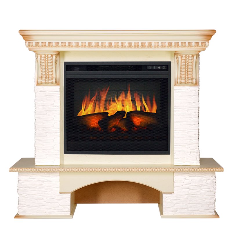 Фото Каминокомплект Pierre Luxe - Сланец белый / Слоновая кость с патиной с очагом Vision 23 EF LED 3D FX Угловые каминокомплекты ROYAL FLAME heatsystems.ru