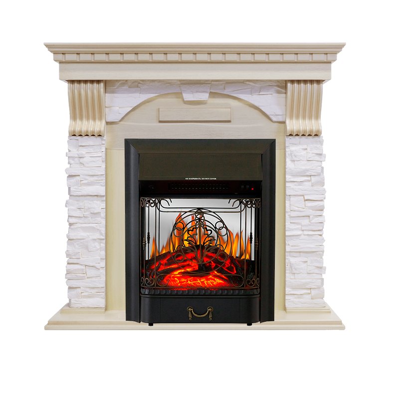 Фото Каминокомплект Dublin - Слоновая кость с патиной / Сланец крем с очагом Majestic FX M Black Угловые каминокомплекты ROYAL FLAME heatsystems.ru