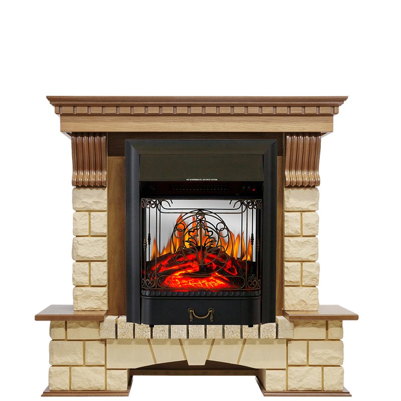 Фото Каминокомплект Pierre Luxe - Дуб / Шампань с очагом Majestic FX M Black Угловые каминокомплекты ROYAL FLAME heatsystems.ru