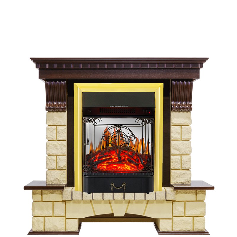 Фото Каминокомплект Pierre Luxe - Темный дуб / Шампань с очагом Majestic FX M Brass Угловые каминокомплекты ROYAL FLAME heatsystems.ru