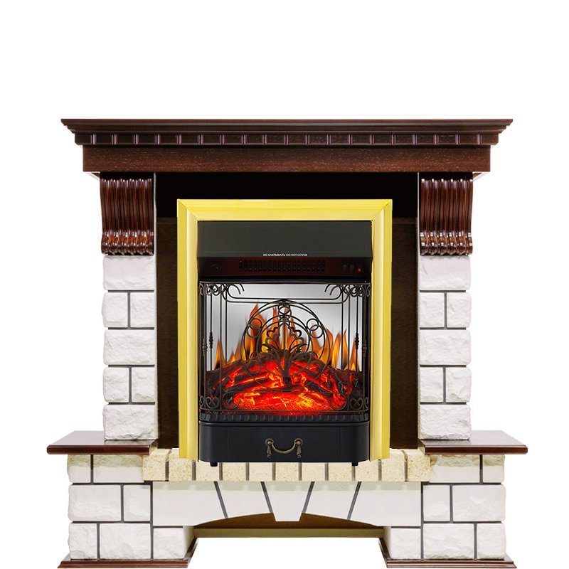 Фото Каминокомплект Pierre Luxe - Темный дуб / Белый с очагом Majestic FX M Brass Угловые каминокомплекты ROYAL FLAME heatsystems.ru