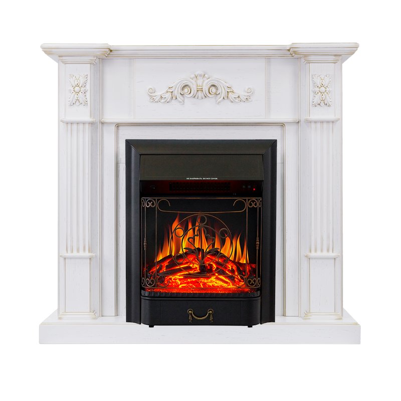 ФОТО Каминокомплект Martin - Белый дуб, патина золото с очагом Majestic FX Black heatsystems.ru
