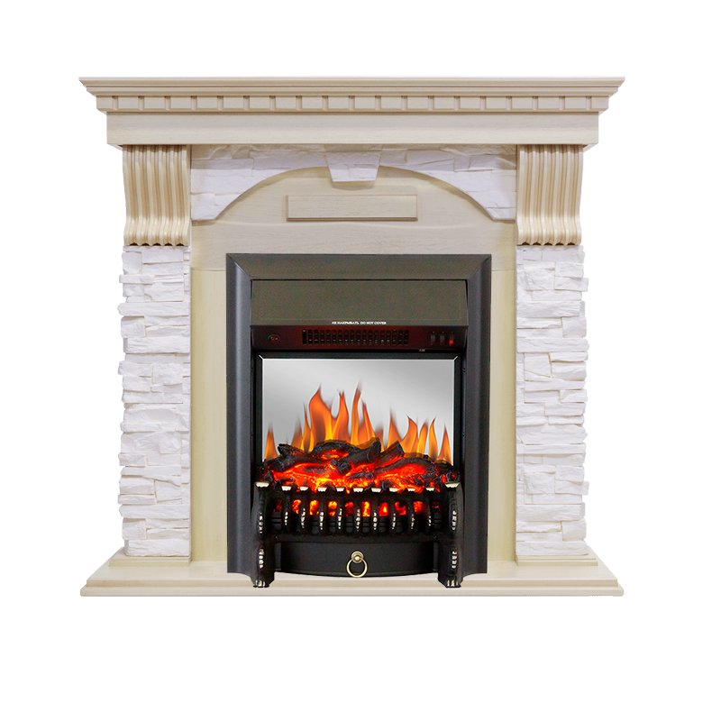 Фото Каминокомплект Dublin - Слоновая кость с патиной / Сланец крем с очагом Fobos FX M Black Угловые каминокомплекты ROYAL FLAME heatsystems.ru