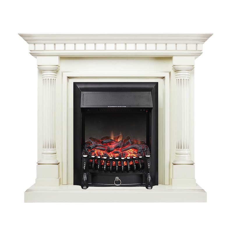 ФОТО Каминокомплект Dallas - Слоновая кость с патиной с очагом Fobos FX Black heatsystems.ru
