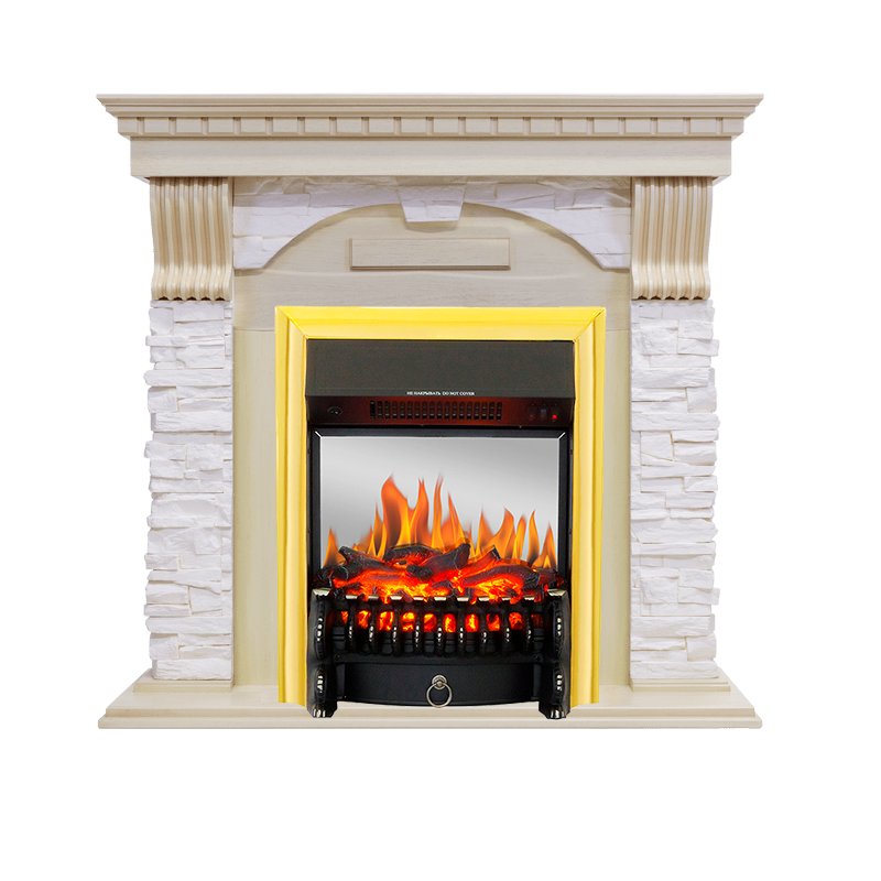 Фото Каминокомплект Dublin - Слоновая кость с патиной / Сланец крем с очагом Fobos FX M Brass Угловые каминокомплекты ROYAL FLAME heatsystems.ru