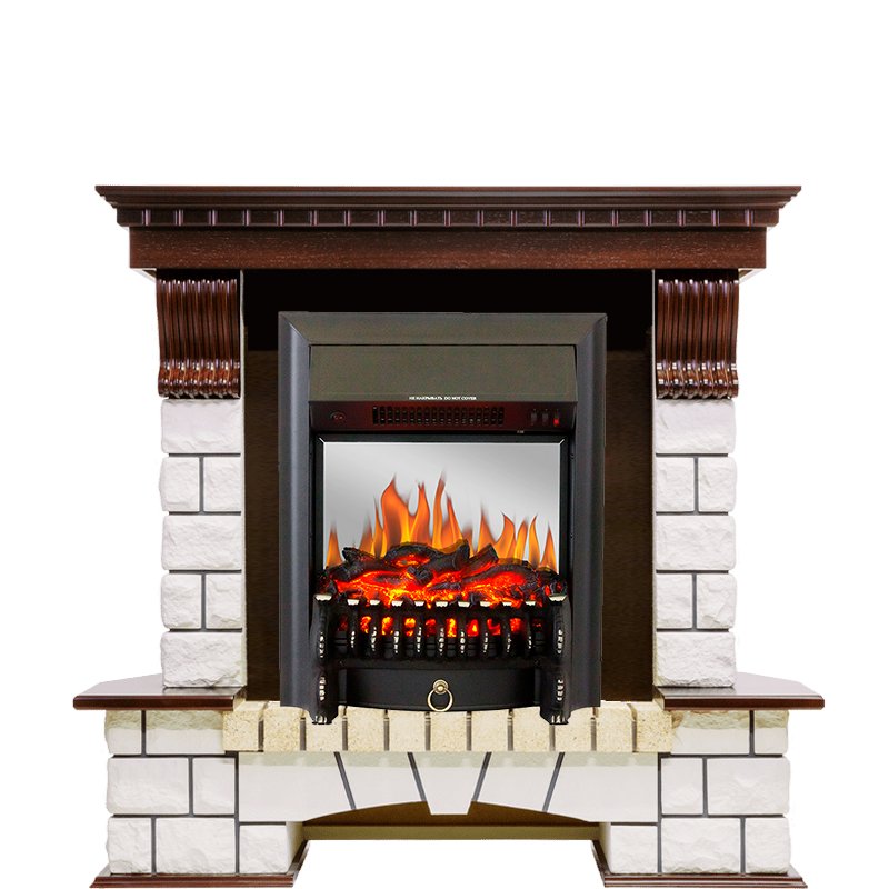 Фото Каминокомплект Pierre Luxe угловой - Темный дуб / Белый с очагом Fobos FX M Black Угловые каминокомплекты ROYAL FLAME heatsystems.ru