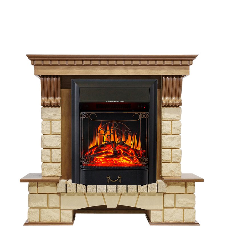 Фото Каминокомплект Pierre Luxe - Дуб / Шампань с очагом Majestic FX Black Угловые каминокомплекты ROYAL FLAME heatsystems.ru