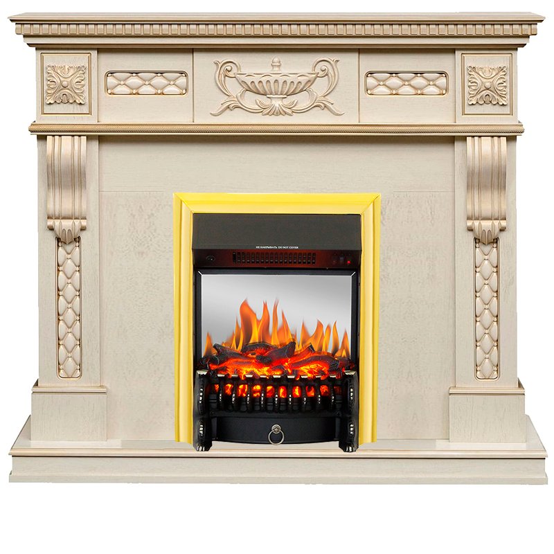 ФОТО Каминокомплект Corsica - Слоновая кость с патиной (Ширина 1100) с очагом Fobos FX M Brass heatsystems.ru