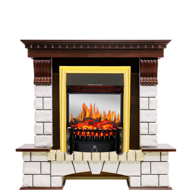 Фото Каминокомплект Pierre Luxe - Темный дуб / Белый с очагом Fobos FX M Brass Угловые каминокомплекты ROYAL FLAME heatsystems.ru