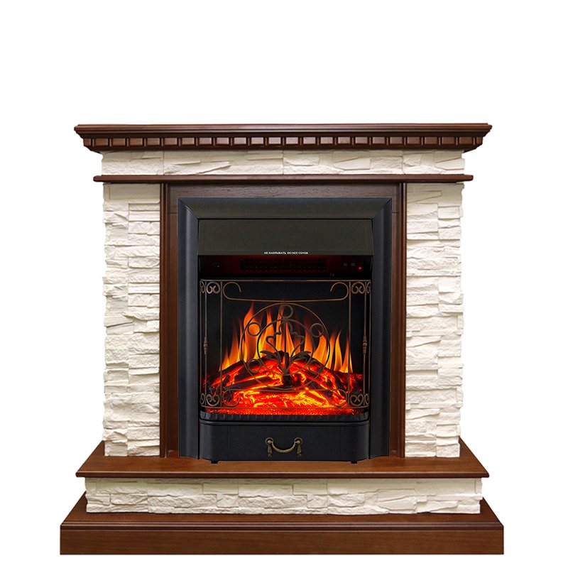 Изображение ROYAL FLAME heatsystems.ru Фото Каминокомплект Calgary - Дуб / Сланец белый с очагом Majestic FX Black Каминокомплекты из камня ROYAL FLAME heatsystems.ru