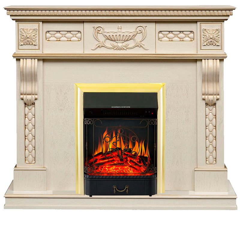 ФОТО Каминокомплект Corsica - Слоновая кость с патиной (Ширина 1100) с очагом Majestic FX Brass heatsystems.ru