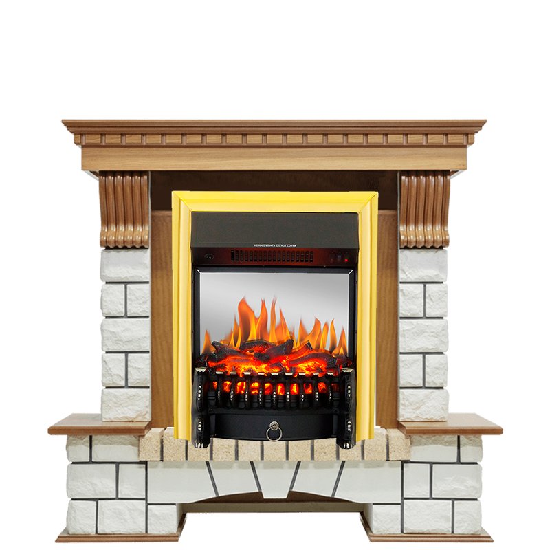 Фото Каминокомплект Pierre Luxe - Дуб / Белый с очагом Fobos FX M Brass Угловые каминокомплекты ROYAL FLAME heatsystems.ru