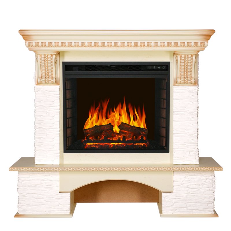 Фото Каминокомплект Pierre Luxe - Сланец белый / Слоновая кость с патиной с очагом Vision 23 EF LED FX Угловые каминокомплекты ROYAL FLAME heatsystems.ru