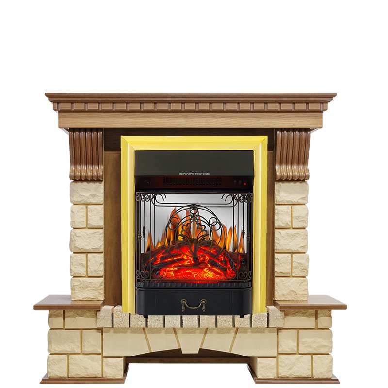 Фото Каминокомплект Pierre Luxe - Дуб / Шампань с очагом Majestic FX M Brass Угловые каминокомплекты ROYAL FLAME heatsystems.ru