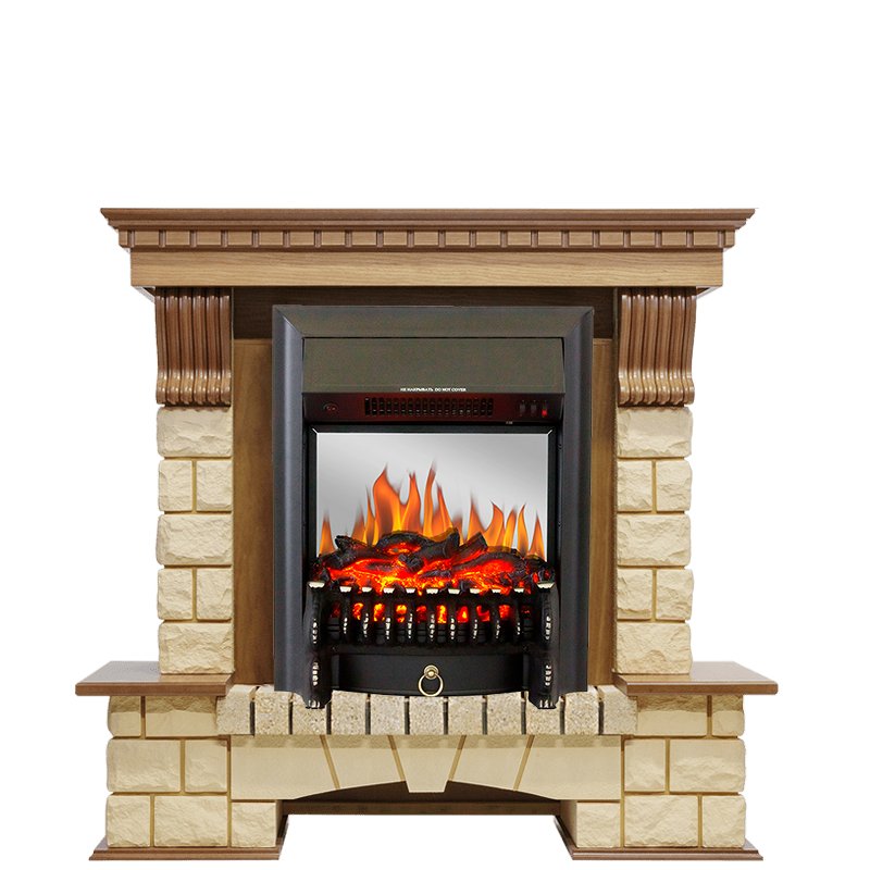 Фото Каминокомплект Pierre Luxe - Дуб / Шампань с очагом Fobos FX M Black Угловые каминокомплекты ROYAL FLAME heatsystems.ru