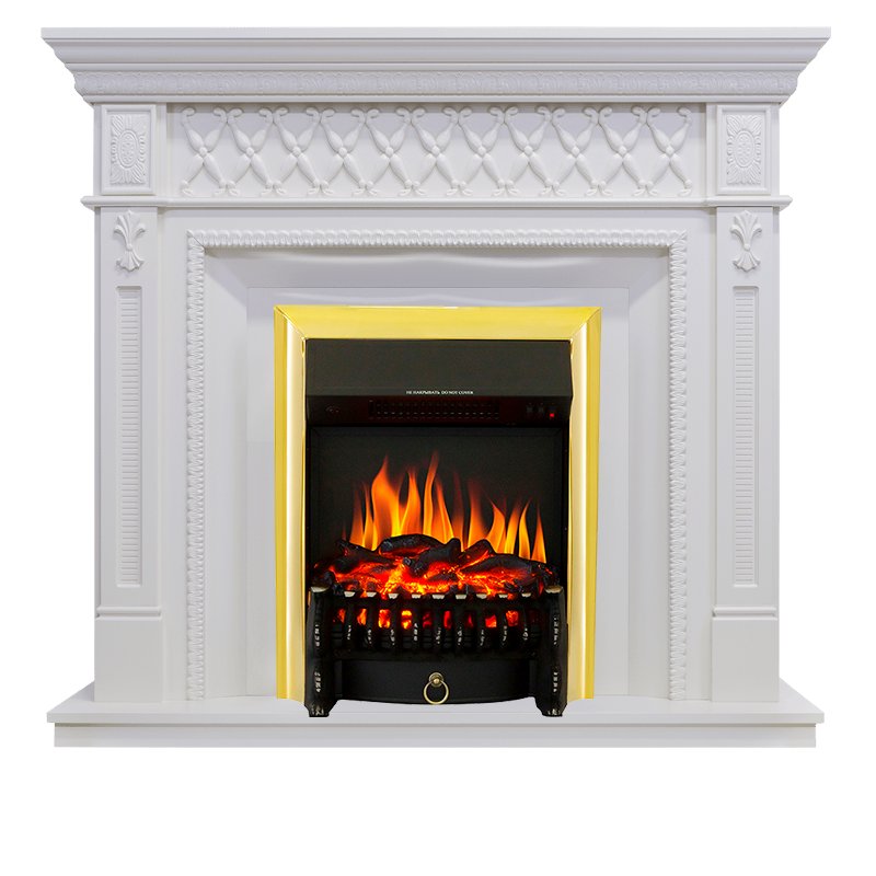 Фото Каминокомплект Alexandria - Белый дуб с очагом Fobos FX Brass Угловые каминокомплекты ROYAL FLAME heatsystems.ru