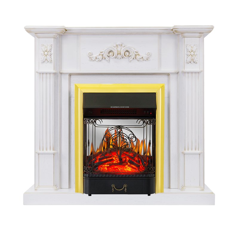 ФОТО Каминокомплект Martin - Белый дуб, патина золото с очагом Majestic FX M Brass heatsystems.ru