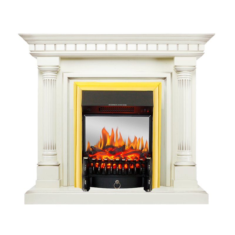 ФОТО Каминокомплект Dallas - Слоновая кость с патиной с очагом Fobos FX M Brass heatsystems.ru