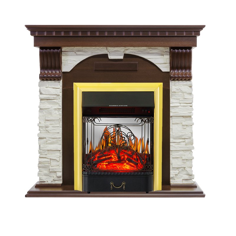 Фото Каминокомплект Dublin угловой - Темный дуб / Сланец белый с очагом Majestic FX M Brass Угловые каминокомплекты ROYAL FLAME heatsystems.ru