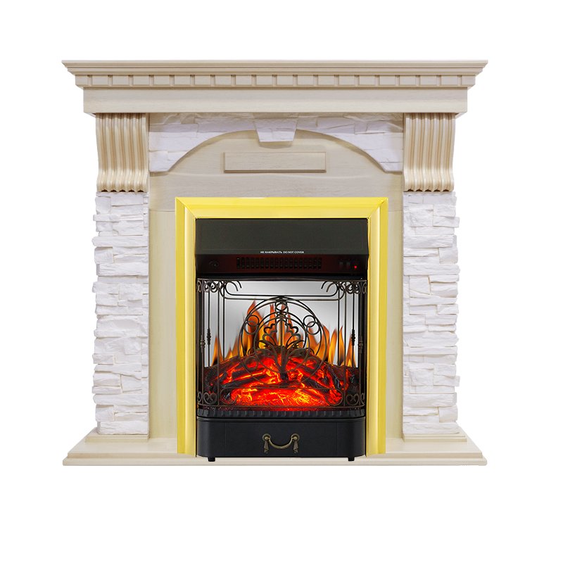 Фото Каминокомплект Dublin - Слоновая кость с патиной / Сланец крем с очагом Majestic FX M Brass Угловые каминокомплекты ROYAL FLAME heatsystems.ru