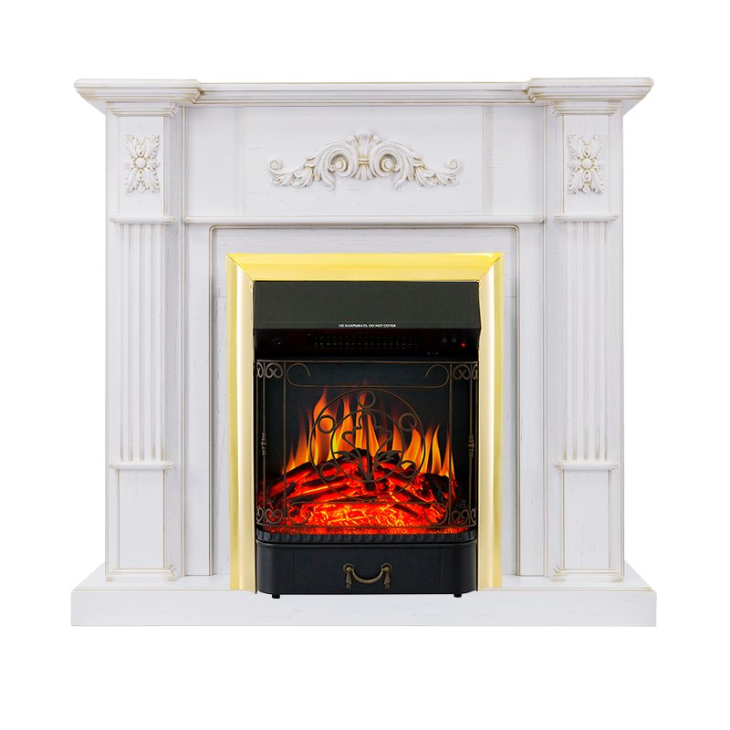 ФОТО Каминокомплект Martin - Белый дуб, патина золото с очагом Majestic FX Brass heatsystems.ru