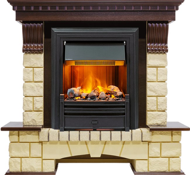 Изображение DIMPLEX heatsystems.ru Фото Каминокомплект Pierre Luxe - Темный дуб / Шампань (Высота 1050мм) с очагом Brookline Black Каминокомплекты из камня DIMPLEX heatsystems.ru